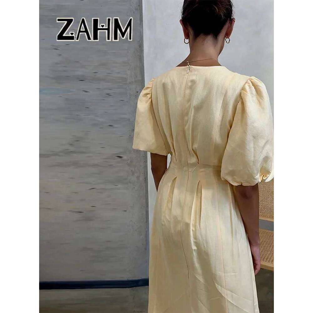 Casual Yellow Short Puff Sleeve Women Dress Loose Solid O-Neck Pleated High Waist Female Maxi Dresses Summer Chic Lady Robe WONST WONST