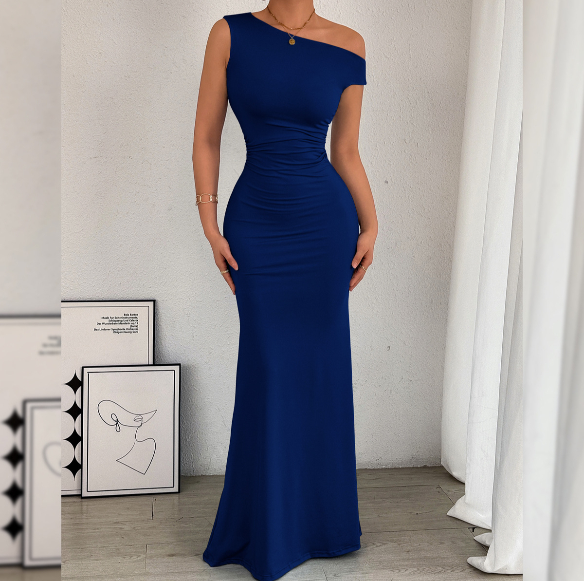 565 Hot selling off shoulder neckline pleated waist sleeveless sexy dress new