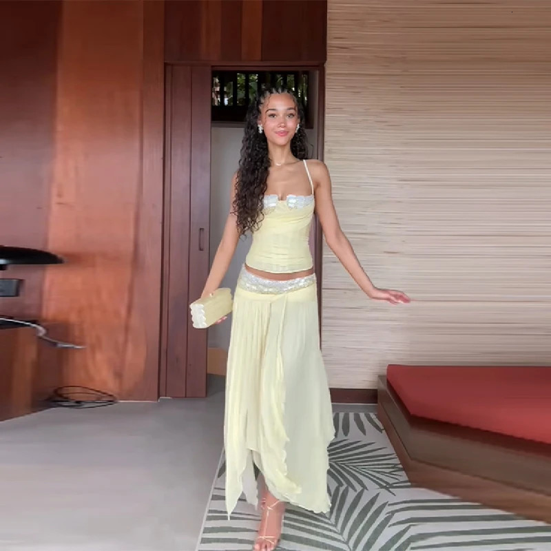 Elegant Yellow Sequin Splice Skirt Set Women Chic Irregular Chiffon Pleated Spaghetti Strap Sling Suit Holiday Beach Party Wear 260423