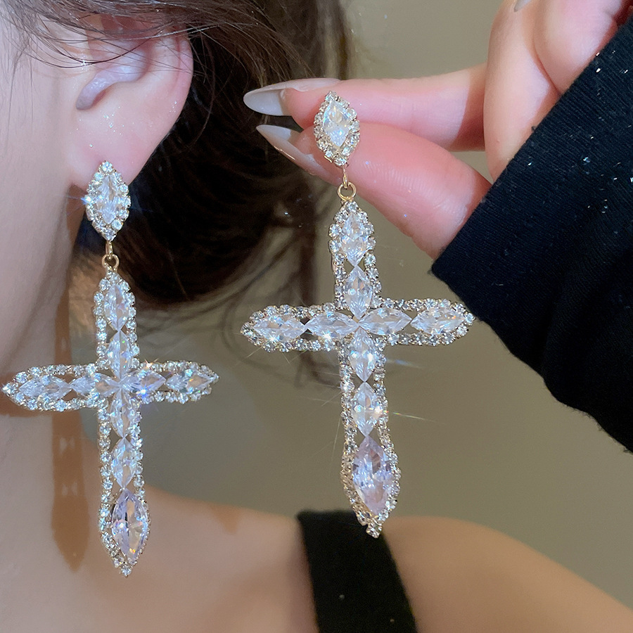 Silver Needle European and American Cross Women, Full Diamond Long Earrings, Light Luxury Palace Style Exaggerated Earrings Wholesale for Women - view 3