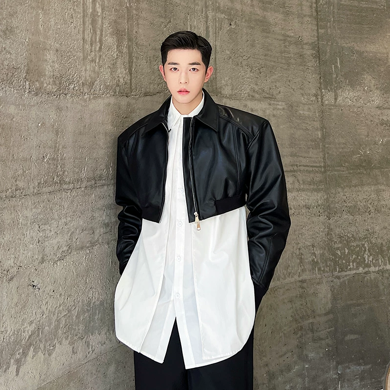 Autumn high-end PU leather ultra short jacket men's design Korean silhouette jacket