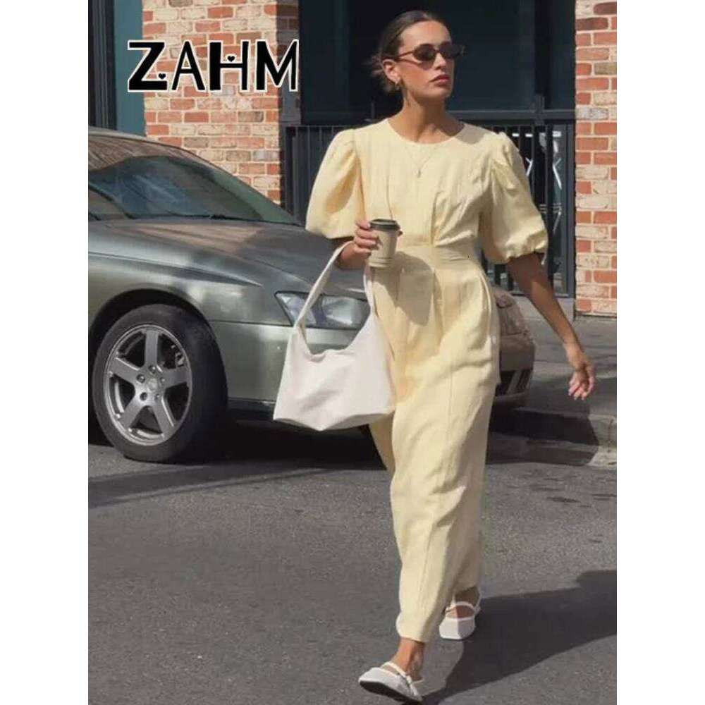 Casual Yellow Short Puff Sleeve Women Dress Loose Solid O-Neck Pleated High Waist Female Maxi Dresses Summer Chic Lady Robe WONST WONST