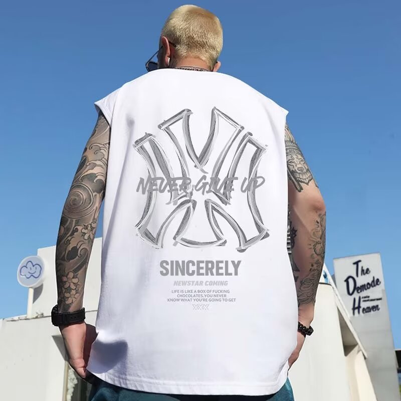 Summer Hong Kong Style Printed Tank Tops | Men's Oversized Trendy Brand Loose Athletic Basketball Sleeveless Tops
