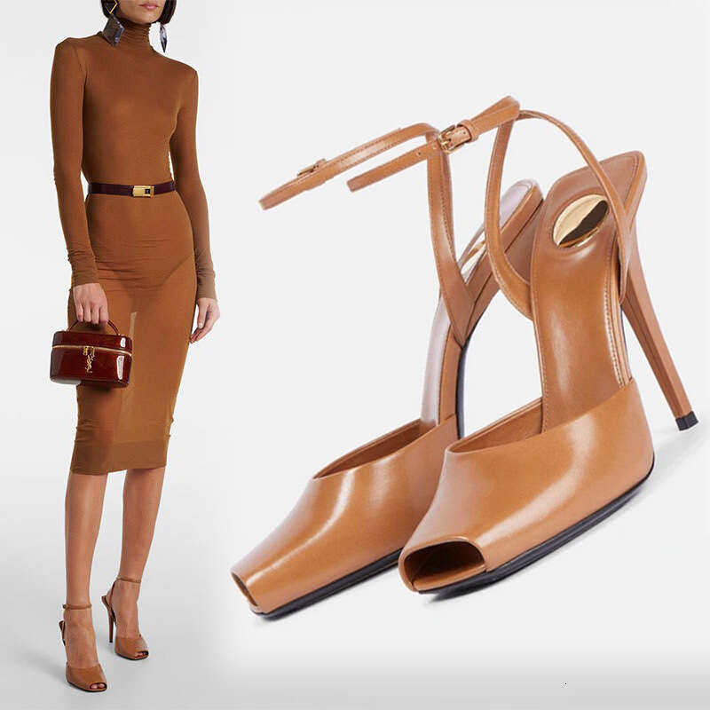 New 2026 Style Square Peep Toe Ankle Stiletto Heel Leather Sandals For Women Plus Size Comfortable Strap Shoes