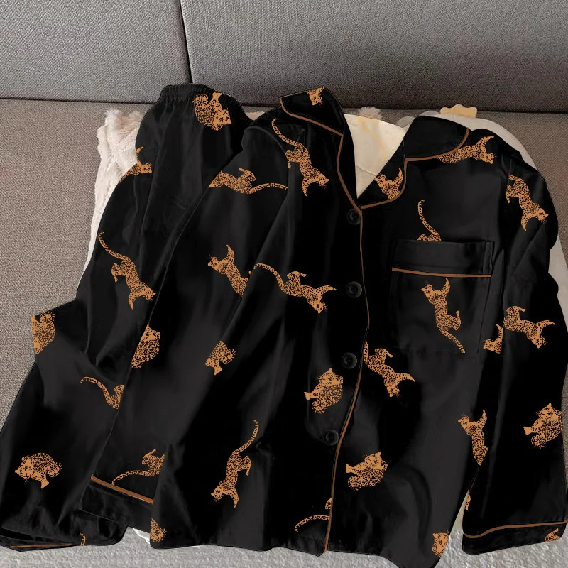 Black Leopard Print Women's Pajama Set, Acrylic Long Sleeve Top and Relaxed Slim Fit Pants, Black Ladies Sleepwear - view 4