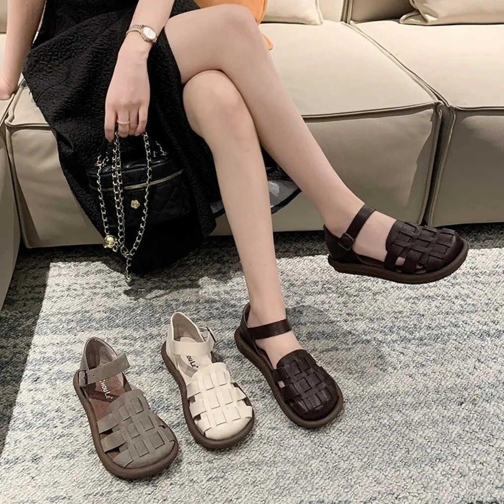 new Womens Summer Zapatillas De Mujer Shoes Square Toe Flat Sandals Leather Women Gladiator Sandals Slip on Ladies Beach Shoes H260413
