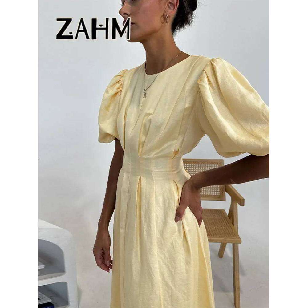 Casual Yellow Short Puff Sleeve Women Dress Loose Solid O-Neck Pleated High Waist Female Maxi Dresses Summer Chic Lady Robe WONST WONST