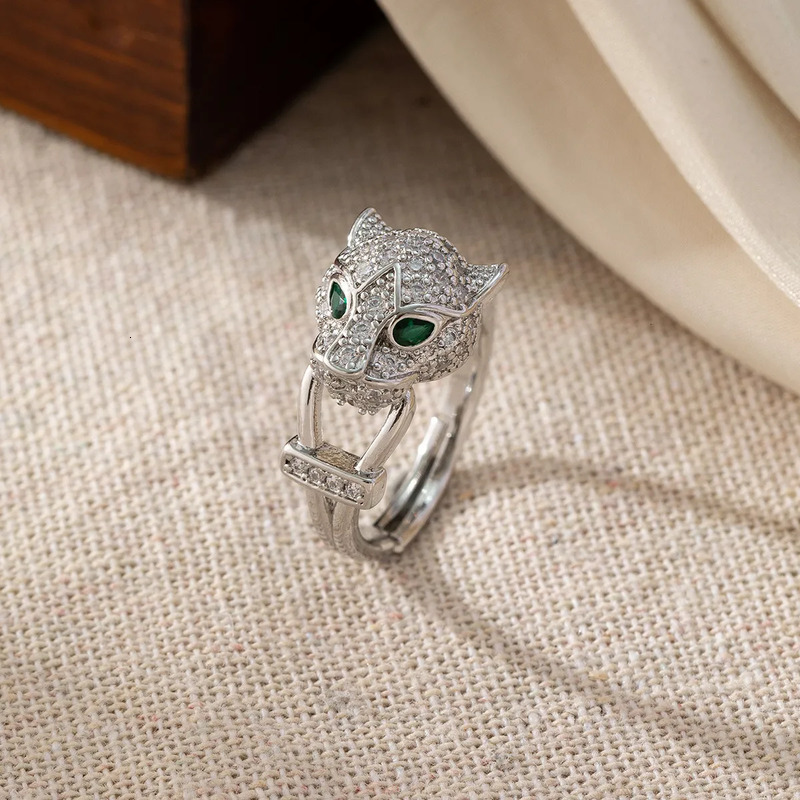 Designer Luxury Designer Leopard Head Ring For Men Women, European American Style Copper Gold Plated Zircon Inlaid Open Adjustable Hip Hop Jewelry Gif