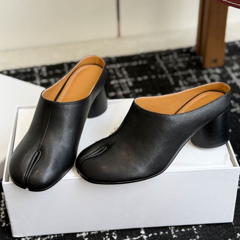 Womens Tabi Decollete Mule S58WP030 Designer Mary Jane Split Toe Shoes Ladie Cylindrical Heel Pump Genuine Leather Sole Sizes 35 41