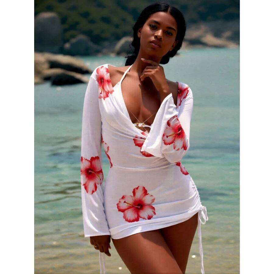 Floral Swimsuit Cover Up Set Women's Halter Smock, Triangle Pants, Beach Swimwear Deep V Backless Three Piece Outfit - Vacation Poolside Coverups