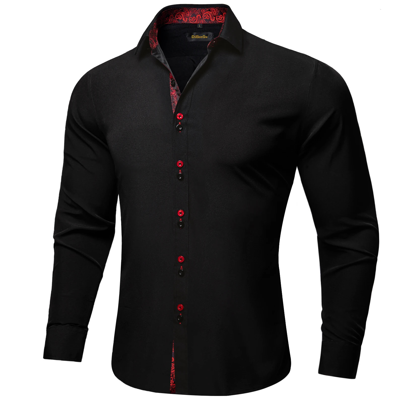 DiBanGu Men Shirt Long Sleeve Black Solid Red Paisley Color Contrast Fashion Dress Shirt for Men Button-down Collar Men Clothing 260413