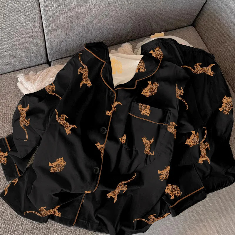 Black Leopard Print Women's Pajama Set, Acrylic Long Sleeve Top and Relaxed Slim Fit Pants, Black Ladies Sleepwear
