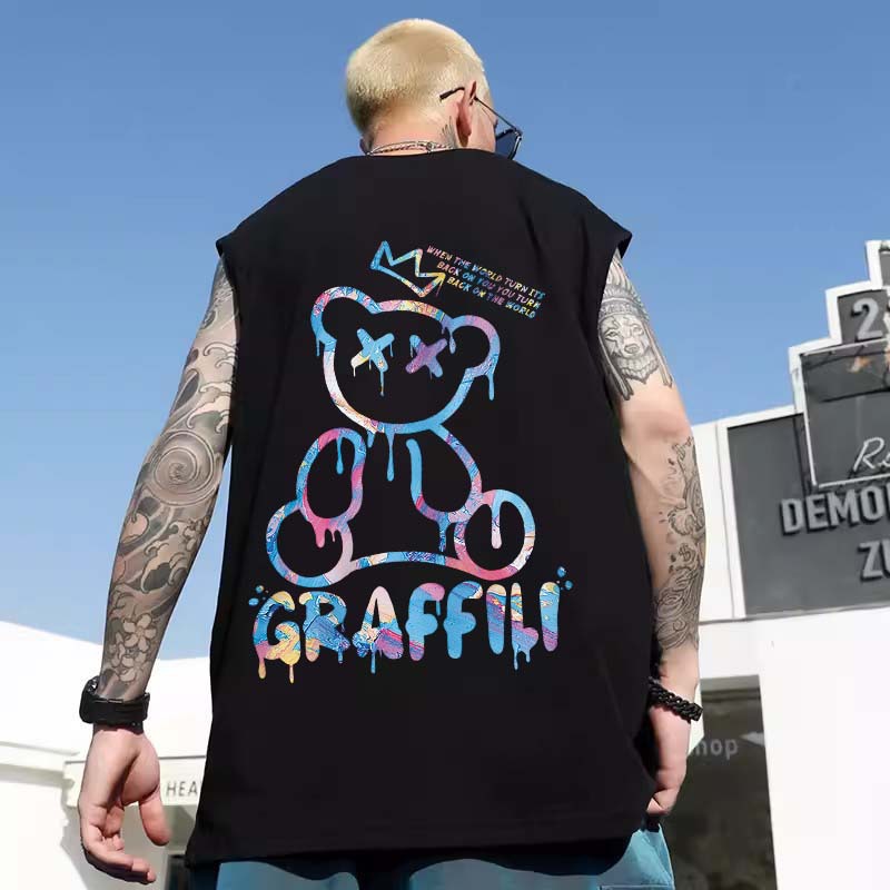 2026 Summer Men's Oversized American Trendy Bear Hip-Hop Tank Tops | Loose Plus Size Sleeveless Tees