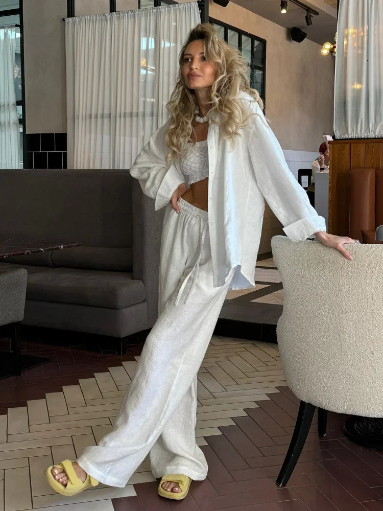 Solid Casual Cotton Linen Shirt Sets Chic Button Down Blouse Drawstring Wide Leg Trousers Suit Womens Summer Vacation Wear 260409