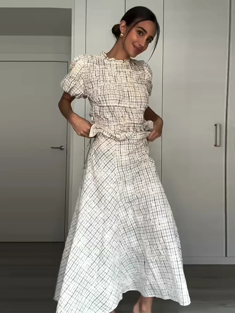 Plaid Embroidered Bow Decor Two-Piece Set Puff Sleeve Ruched Waist 2026 Spring Elegant Women Skirt Set Sweet Casual Lady Outfit 260413