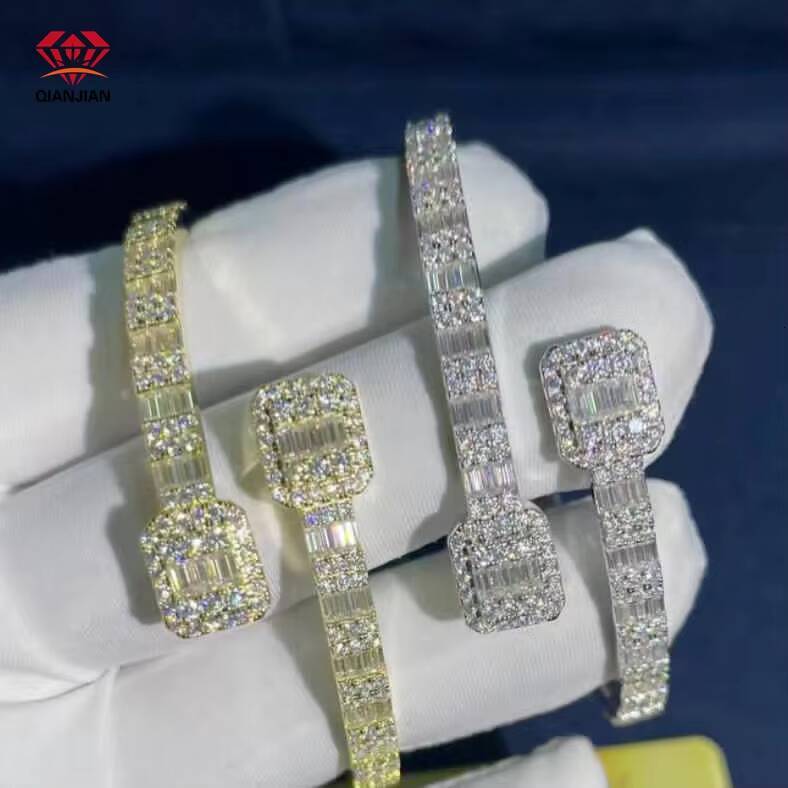 Hip Hop Custom 18K Gold Plated 925 Silver Bangle Lab Diamond VVS Moissanite White Gold Bracelet for Men