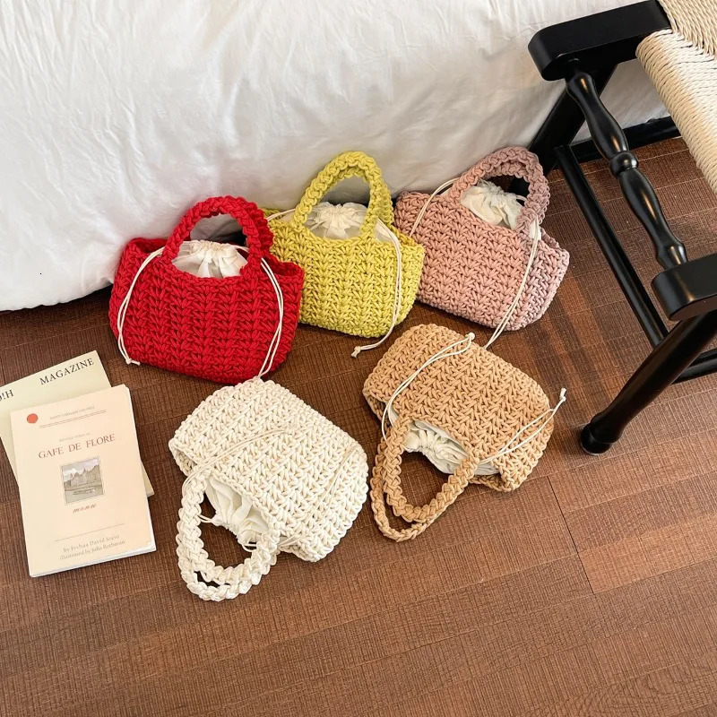 Chunky Red Knit Tote Bag Handmade Crochet Handbag with Drawstring Lining Casual Mini Shoulder Bag for Daily Use 260410