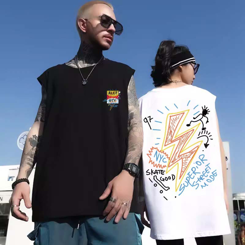 2026 Men's Lightning Graffiti Print Sleeveless Tees | Thin Oversized Plus Size Basketball Tank Tops for Big & Tall