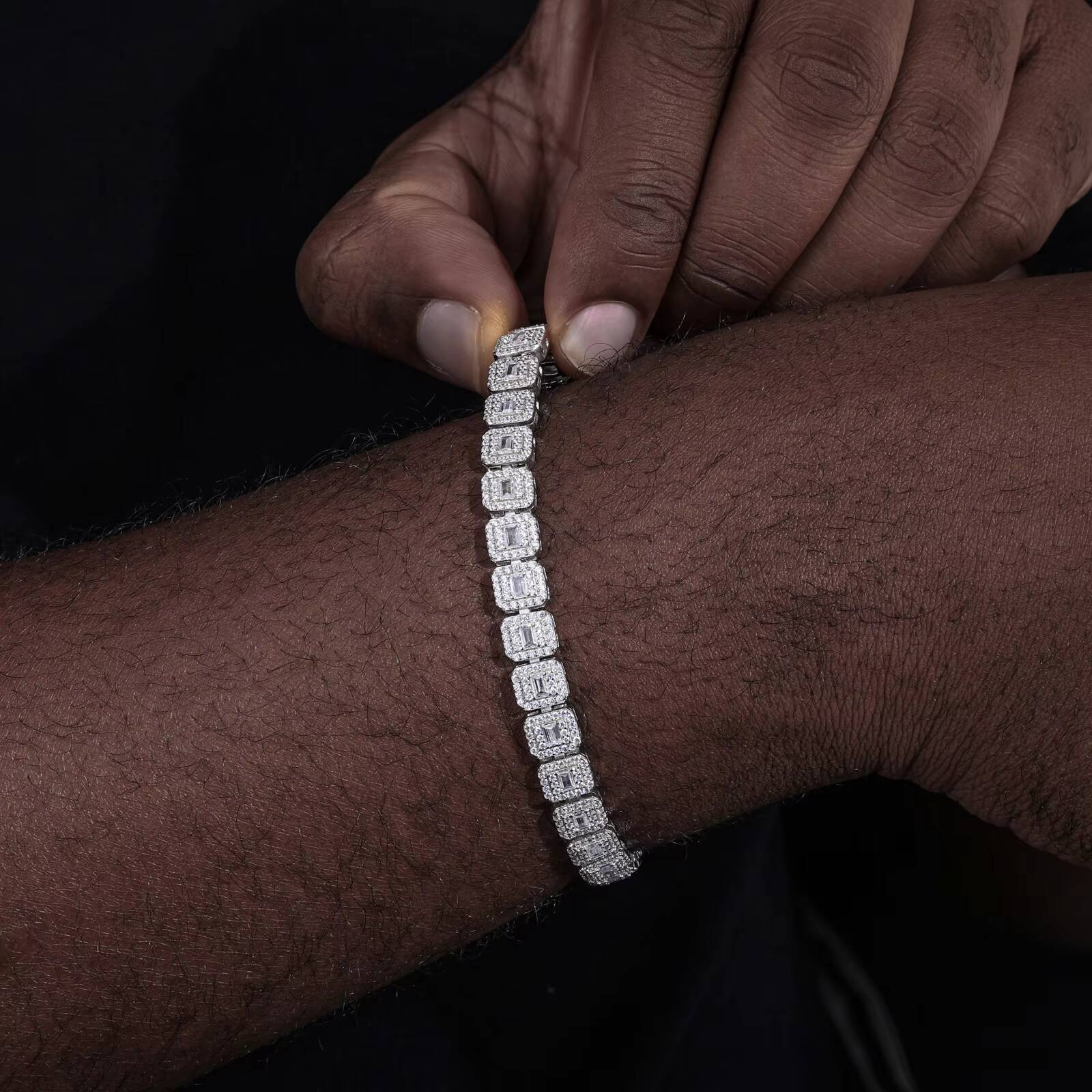 Hip Hop Jewelry 75mm White Gold 925 Silver Cluster VVS Baguette Moissanite Diamond Ice Out Tennis Bracelet for Men Women