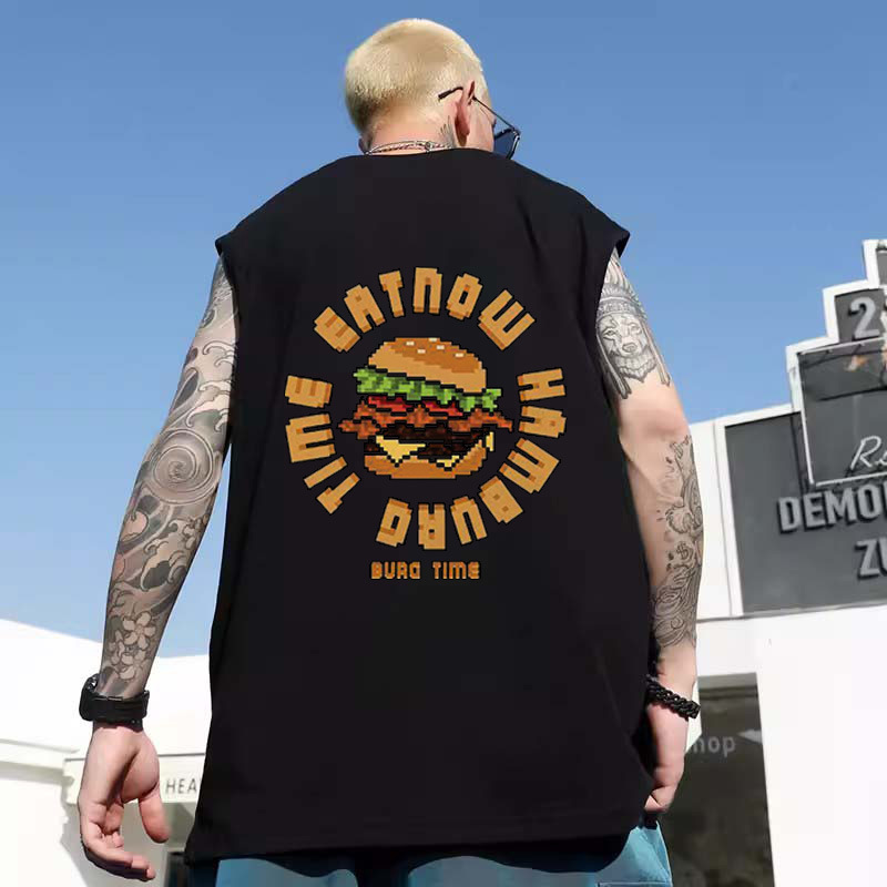 Summer Men's American Street Letter & Burger Print Tank Tops | Trendy Loose Plus Size Athletic Gym Base Layers