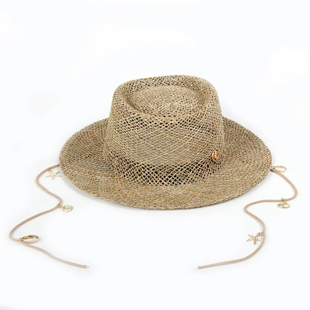 s European and American Style Pin Straw Hat Female Hollow Letter Sun Hat Fashion Metal Chain Sunshade Hat 260407