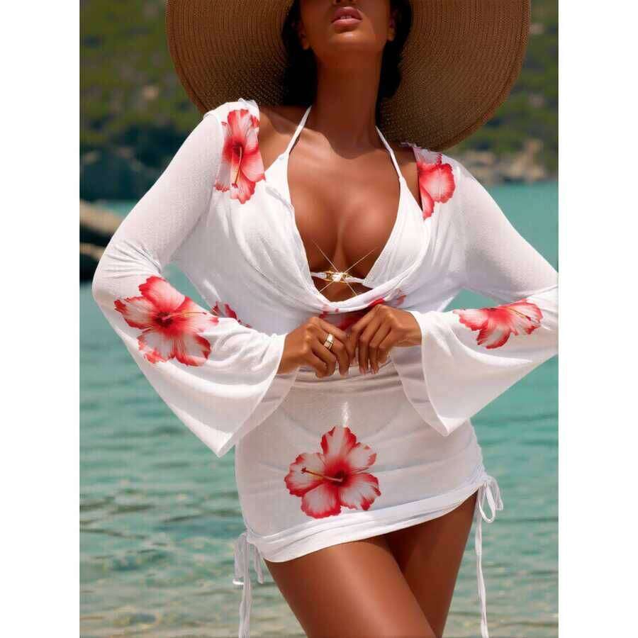 Floral Swimsuit Cover Up Set Women's Halter Smock, Triangle Pants, Beach Swimwear Deep V Backless Three Piece Outfit - Vacation Poolside Coverups