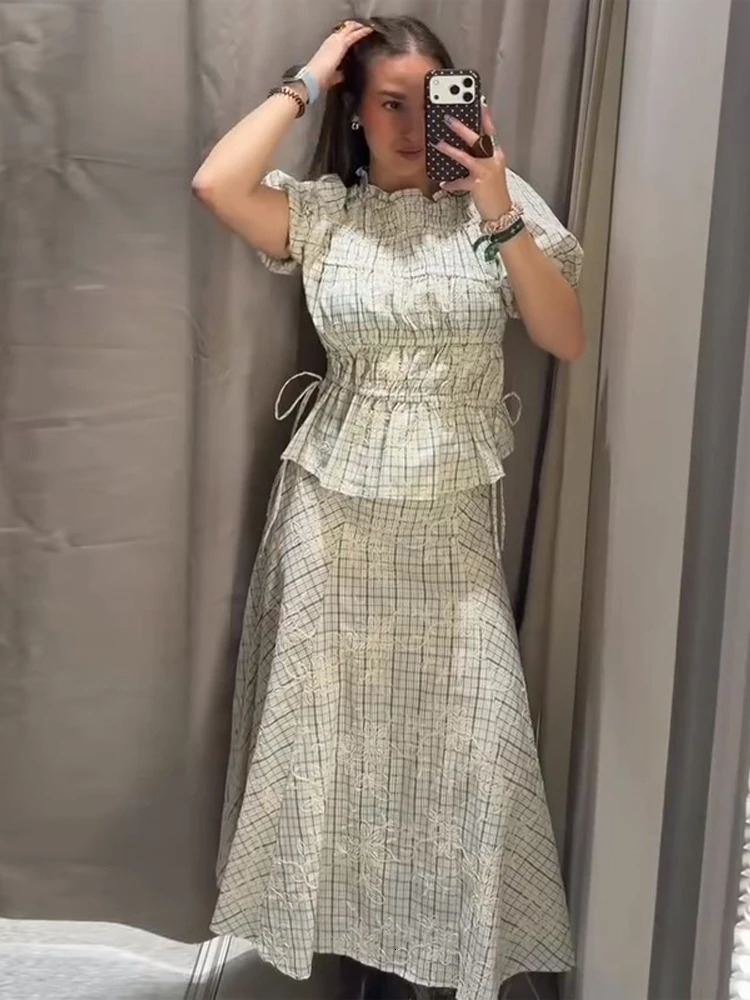Plaid Embroidered Bow Decor Two-Piece Set Puff Sleeve Ruched Waist 2026 Spring Elegant Women Skirt Set Sweet Casual Lady Outfit 260413