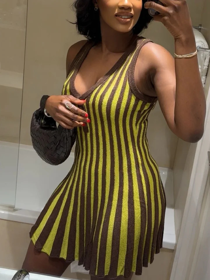 Womens fashion retro high street striped knitted short skirt feminine elegant V-neck sleeveless slim fit mini dress 260410 - view 5