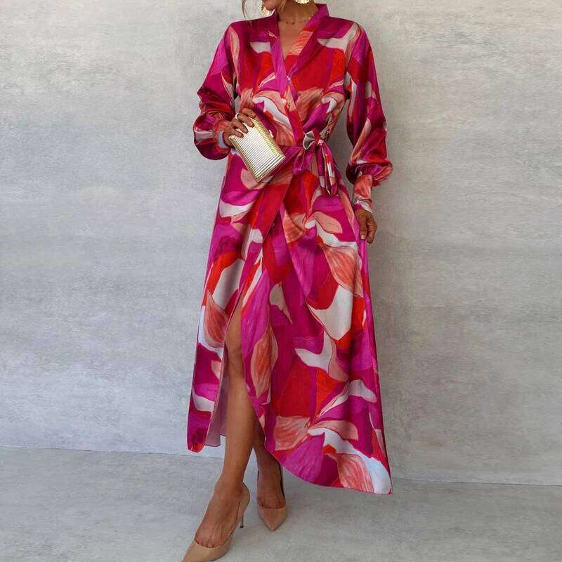 Fashion Pattern Printed Lace Up Commuting Ladies Elegant V Neck Long Sleeved Split Casual Party Irregular Maxi Dress MAKOUFEI