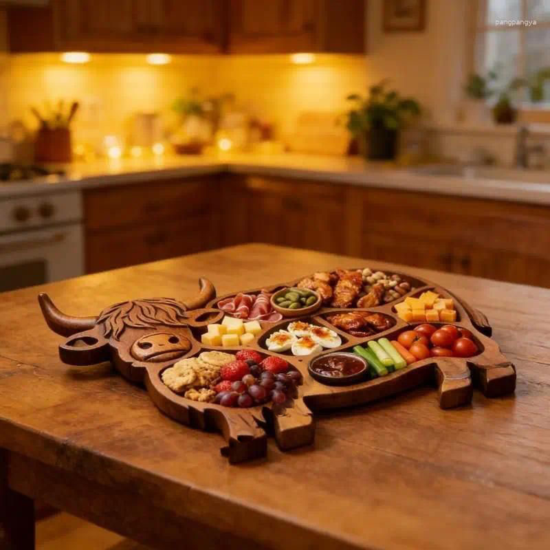 Plates High Land Cow Wooden Charcuterie Board With Compartments Platter Appetizer Serving Tray Farmhouse Home Party Decors K43D