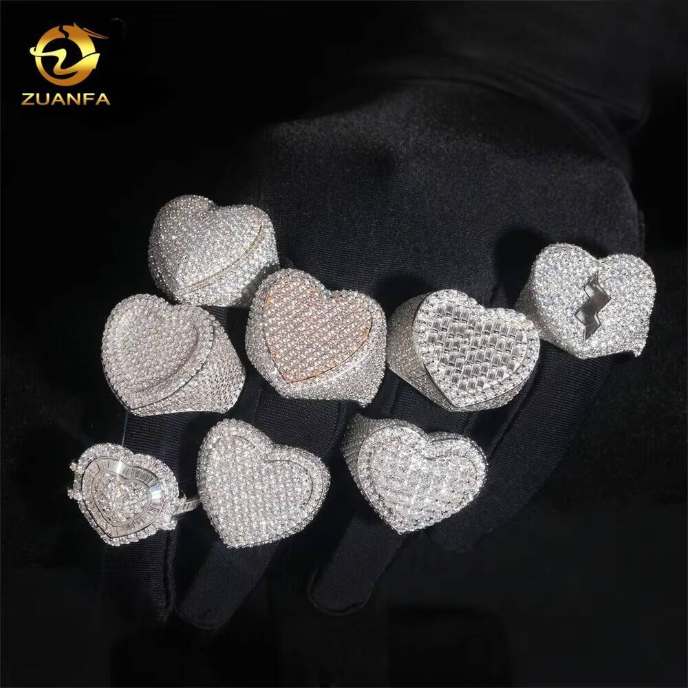 High Quality VVS Moissanite Jewelry 7Designs Heart Shape Ring Iced Out Diamond 925 Silver Fine Hip Hop Jewelry Men Ring