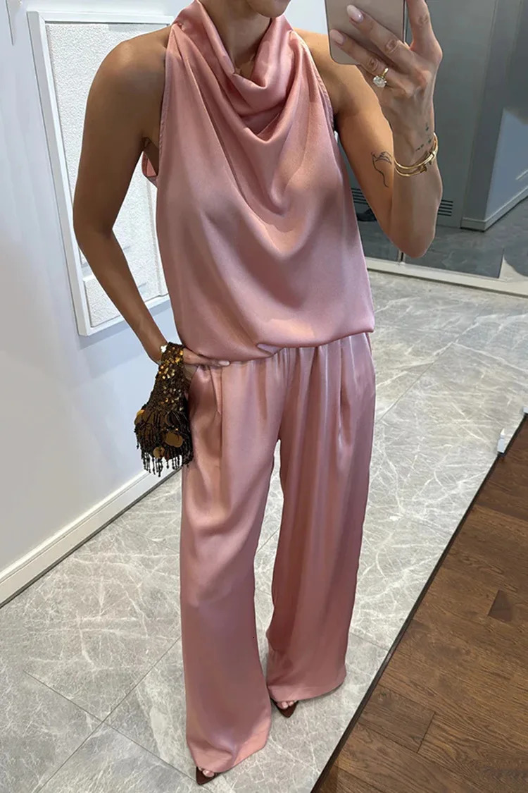 Casual Satin 2 Piece Set Spring Summer Fashion Solid Color Sleeveless Grown-on Collar Top Elastic Waist Wide Leg Pants Suit 260410 - view 4