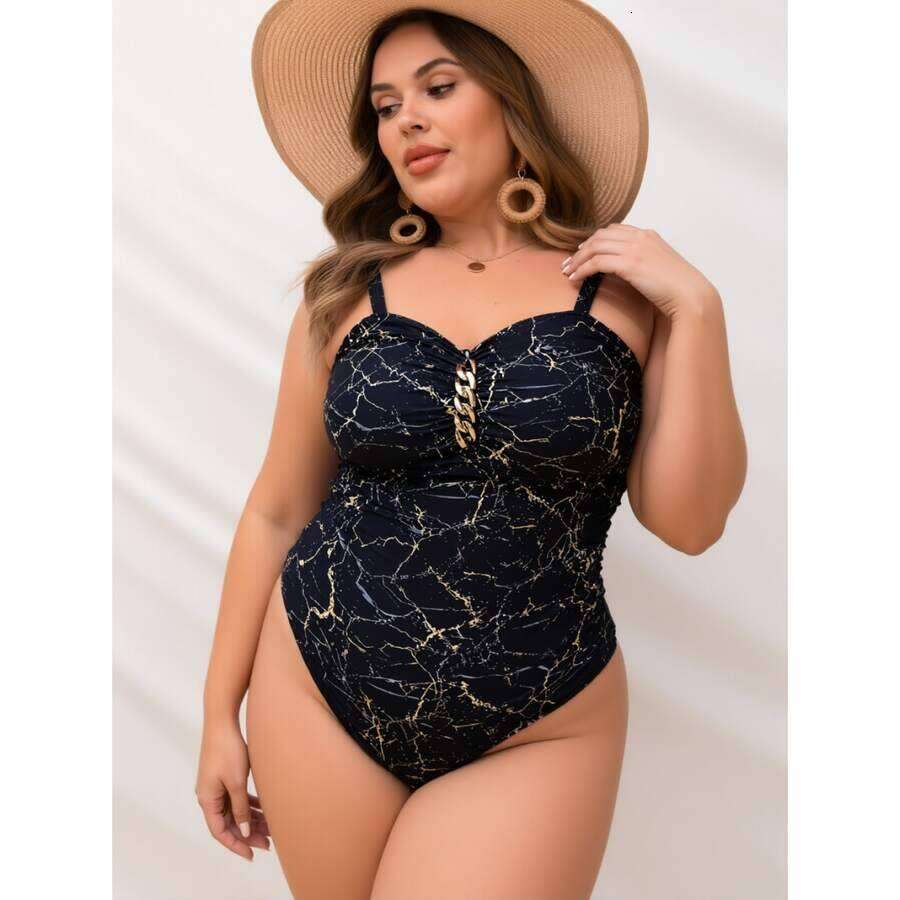 Plus Size Swimsuit Marble Print One Piece Bathing Suit With Gold Accent, Tummy Control, Stylish Beachwear For Women - Comfortable & Flattering Fit