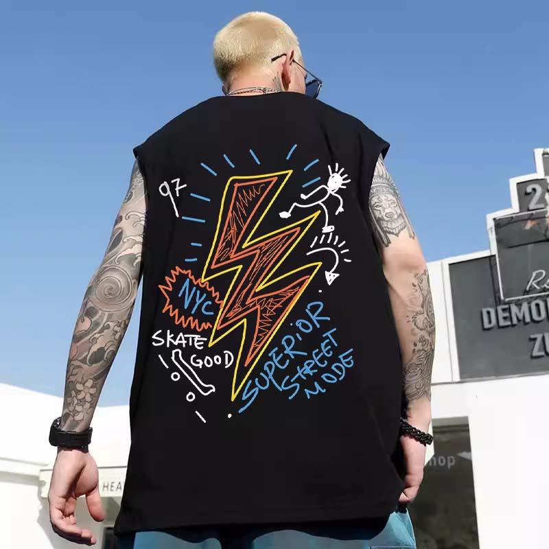 2026 Men's Lightning Graffiti Print Sleeveless Tees | Thin Oversized Plus Size Basketball Tank Tops for Big & Tall