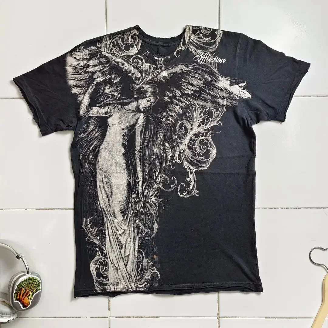 2000s affliction T shirt Clothes Retro Punk Hip Hop Graphic Print Oversized T Shirt Mens Round Neck Cotton Short Sleeve Tops 260413