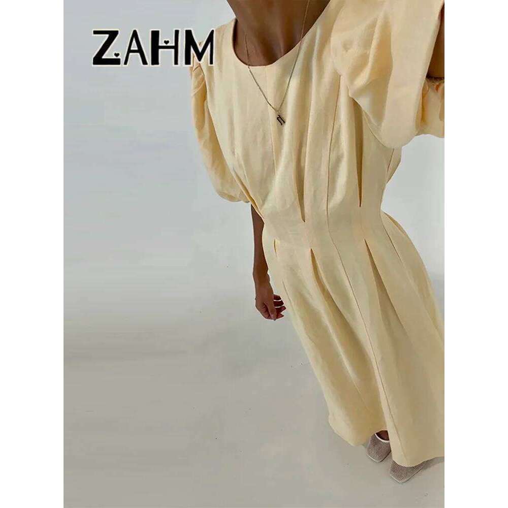 Casual Yellow Short Puff Sleeve Women Dress Loose Solid O-Neck Pleated High Waist Female Maxi Dresses Summer Chic Lady Robe WONST WONST