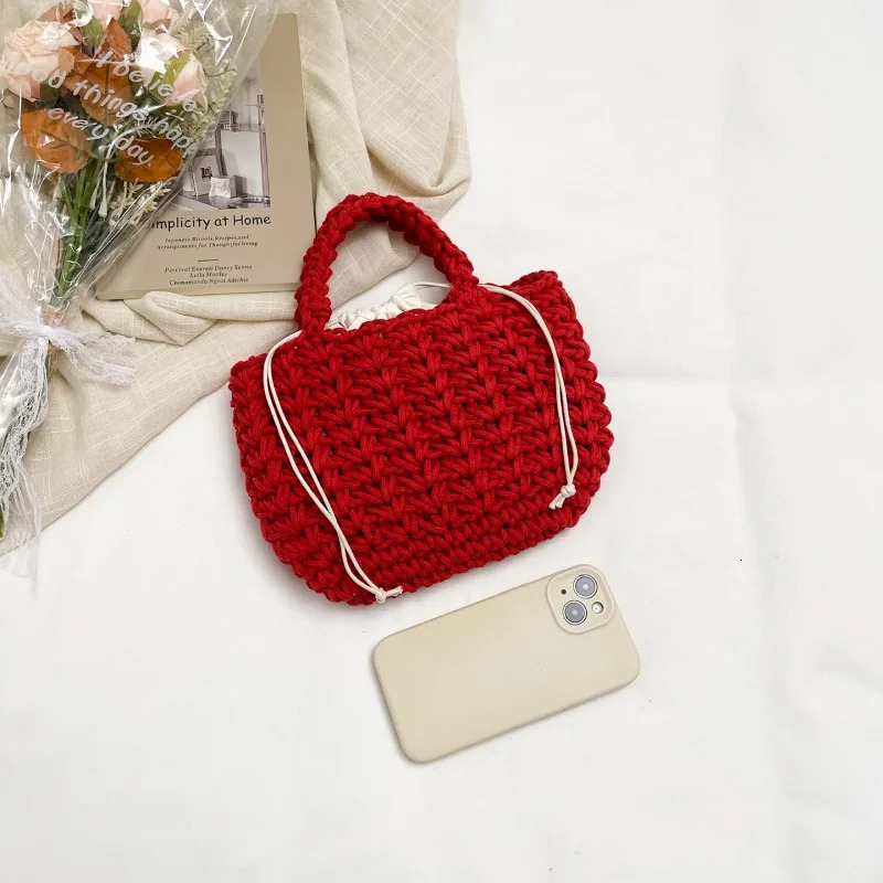 Chunky Red Knit Tote Bag Handmade Crochet Handbag with Drawstring Lining Casual Mini Shoulder Bag for Daily Use 260410