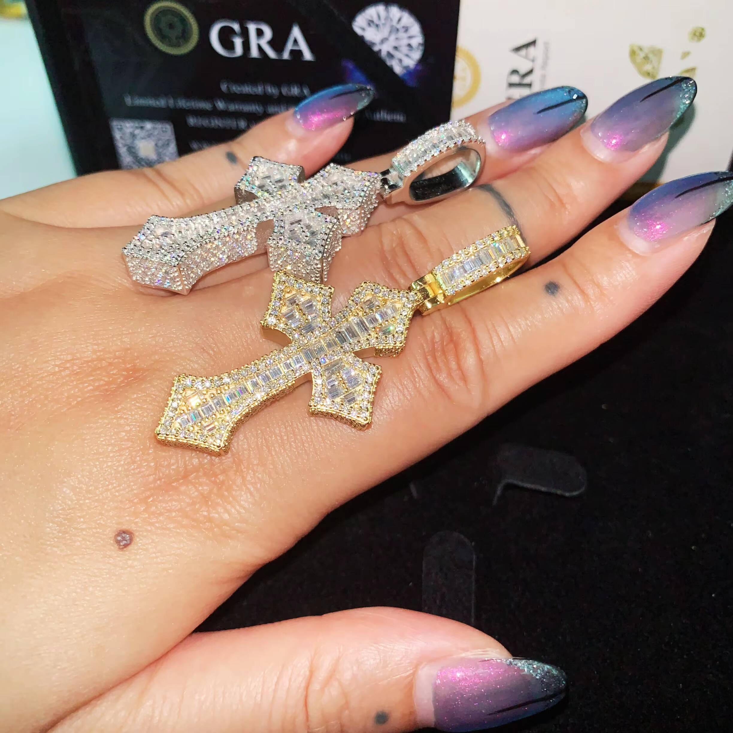 Baguette Cross Pendant VVS Moissanite Pendants Iced Out Jewelry Custom Cross Pendant Custom Hip Hop Pendant