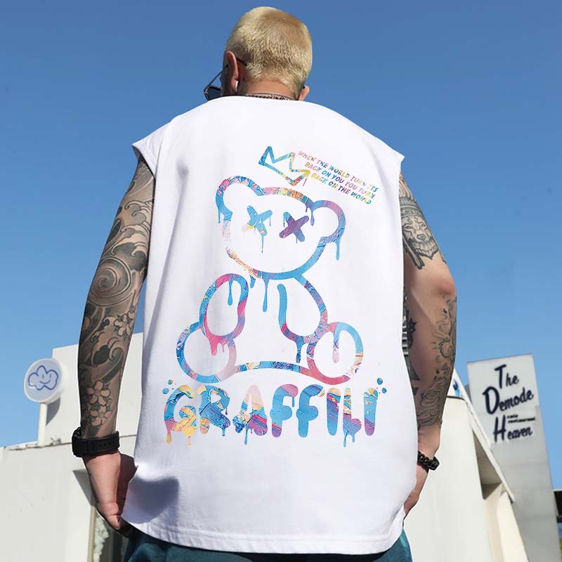 2026 Summer Men's Oversized American Trendy Bear Hip-Hop Tank Tops | Loose Plus Size Sleeveless Tees