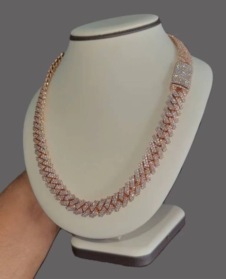 12mm Iced Miami Cuban Link Chains Rose Gold Plated 925 Sterling Silver for Certified VVS Real Moissanite Unisex Gift Necklaces