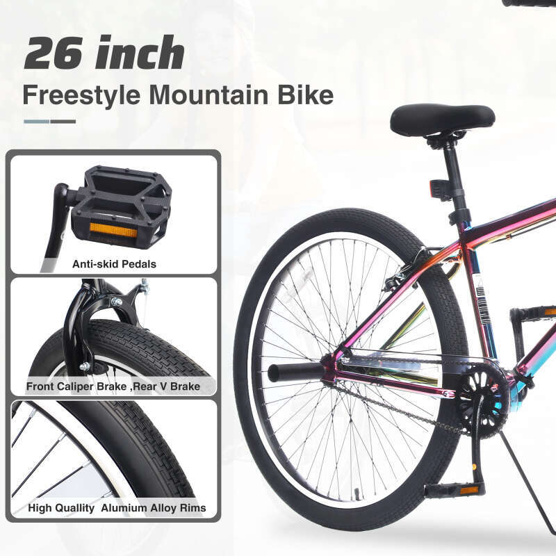 26 Inch Freestyle Bike Teens, Steel Frame Single-Speed With 2 Pegs , Front Caliper Brake Rear V Brake, Bicycle For Boys And Girls Ages 14+
