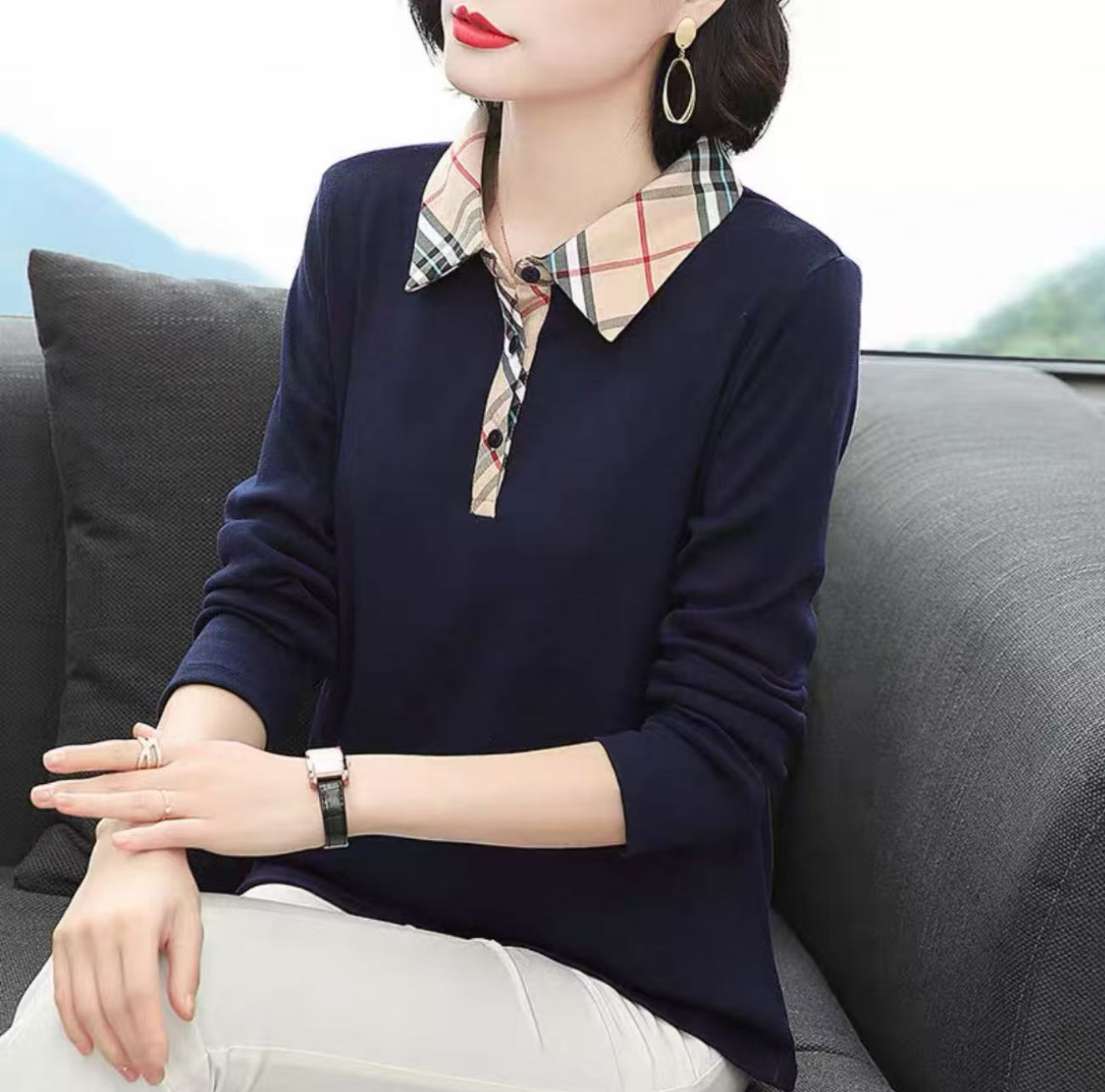 Women's Solid Color Long-Sleeved Plaid Collar POLO Shirt, Fashionable And Casual Everyday Wear Knitted Tops. DREAM RECALL