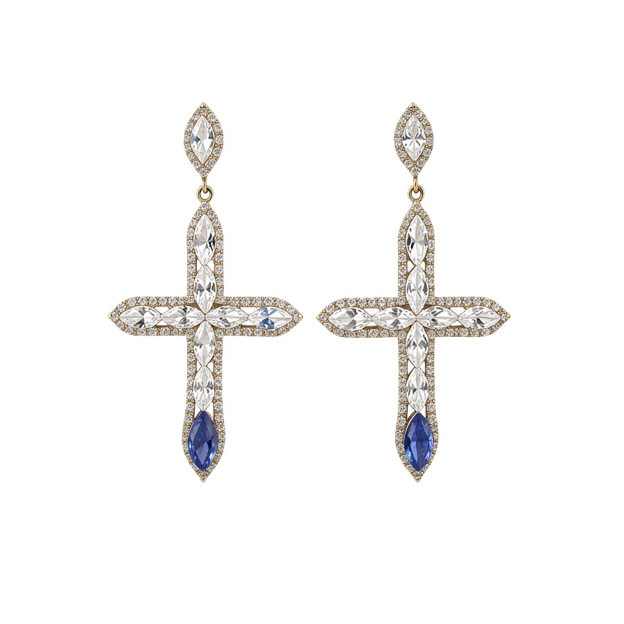 Silver Needle European and American Cross Women, Full Diamond Long Earrings, Light Luxury Palace Style Exaggerated Earrings Wholesale for Women - view 9