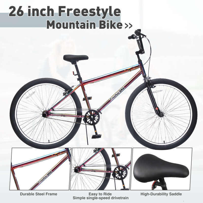 26 Inch Freestyle Bike Teens, Steel Frame Single-Speed With 2 Pegs , Front Caliper Brake Rear V Brake, Bicycle For Boys And Girls Ages 14+