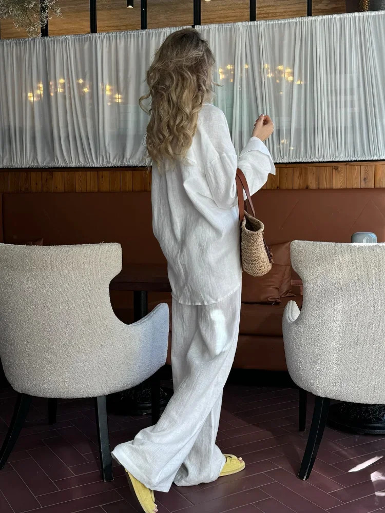 Solid Casual Cotton Linen Shirt Sets Chic Button Down Blouse Drawstring Wide Leg Trousers Suit Womens Summer Vacation Wear 260409