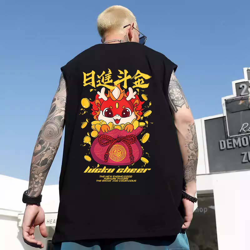 2026 Summer Men's Chinese Trend Lion Dance Print Tank Tops | Trendy Loose Couples Sleeveless Tees
