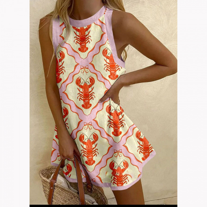 Summer New Fashion Pattern Printed Womens Sleeveless O-neck Loose Tank Dress Beach Vacation Party Bohemian Girl Dresses dongdumaoyi