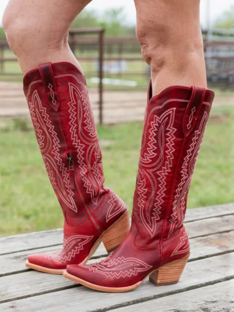 Autumn and Winter Pointed Thick High Heels Knee Length Embroidered Western Cowboy Boots Sizes 35-46 Womens Mid Length Boots 260410 - view 7