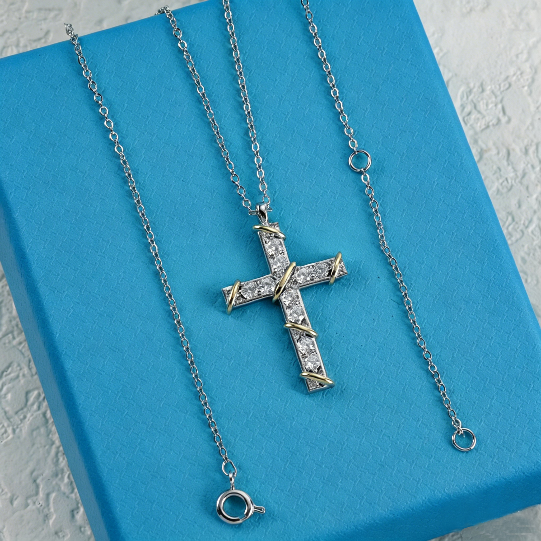 C264YAJ3 Chic Two Tone Cross Pendant Necklace Sparkling Cubic Christian Cross Charm Necklace Premium Smooth Polished Finish Link Chain with Secure Closure