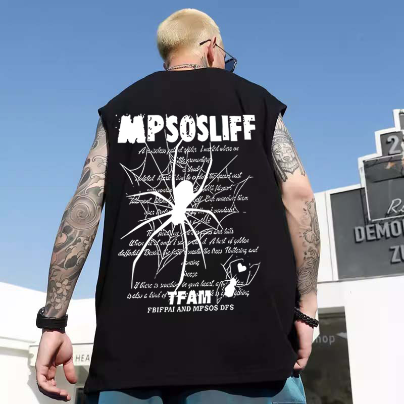 2026 Summer Men's Euro-American Trendy Brand Tank Tops | INS Street Spider Print Oversized Plus Size Sleeveless Tees